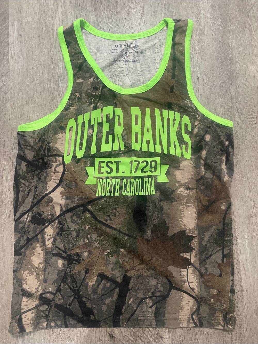 U.S. Vintage Outer Banks Camo Tank Top in Neon Green